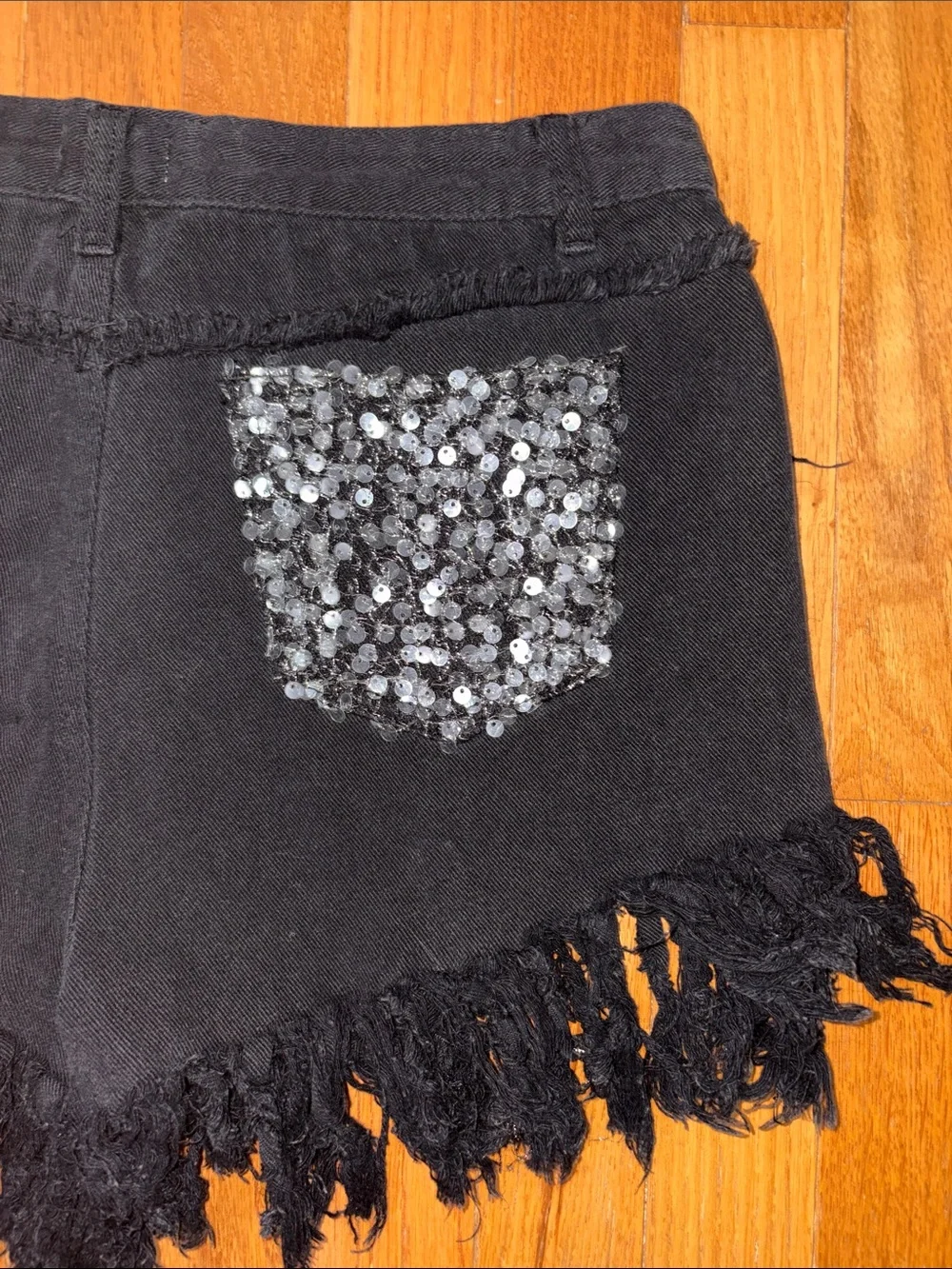 POL Black Sequin Fringe Denim Shorts M Distressed Festival Western Cowgirl
